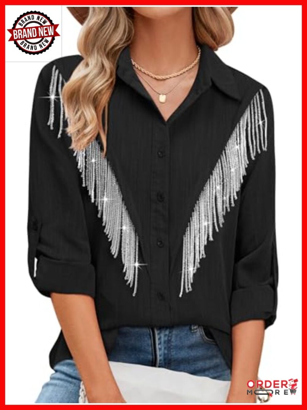 Sparkly Beaded Fringe Button Down Shirt Rolled 3/4 Sleeve Western Cowgirl Top